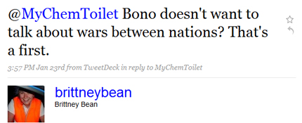 brittneybean u2 twitter photo brittneybean u2 twitter U2s new single as reviewed by My Chemical Toilets Twitter followers
